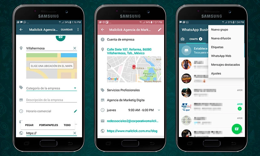 Agrega dirección, sitio web y horarios de servicio en el Whatsapp Business