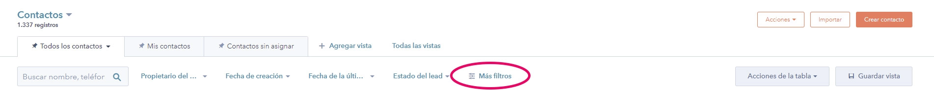 Captura de pantalla vista de la barra de herramientas de contactos 