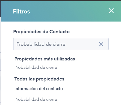 Captura de pantalla vista de filtros de hubspot de propiedades de contacto, prioridad de contacto