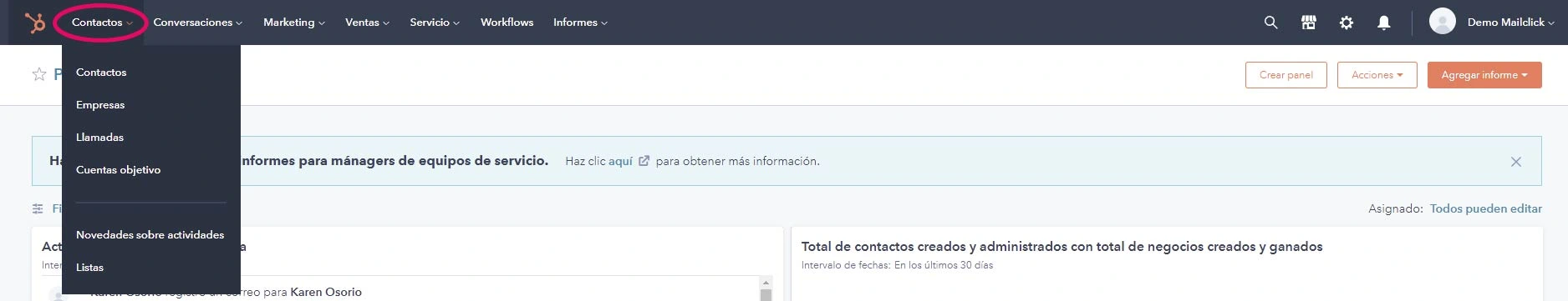 Barra de los módulos de HubSpot captura de pantalla