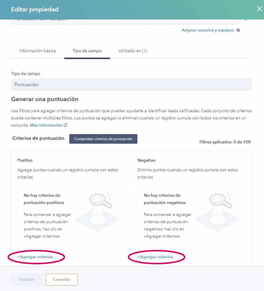 Captura de pantalla vista editar propiedades de Hubspot, asignación de puntaje de lead scoring