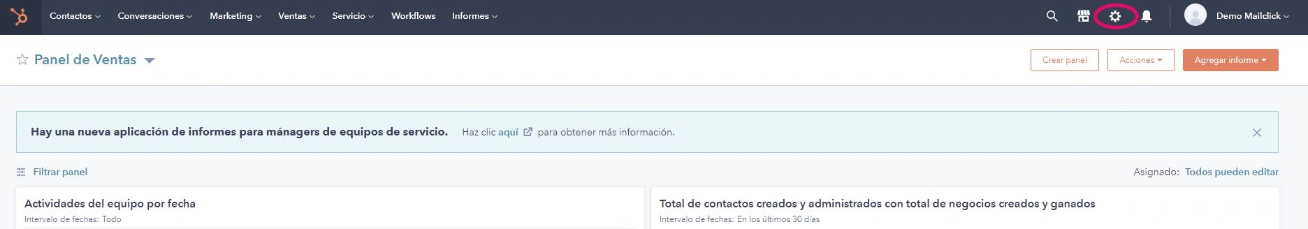 Captura de pantalla vista panel de ventas