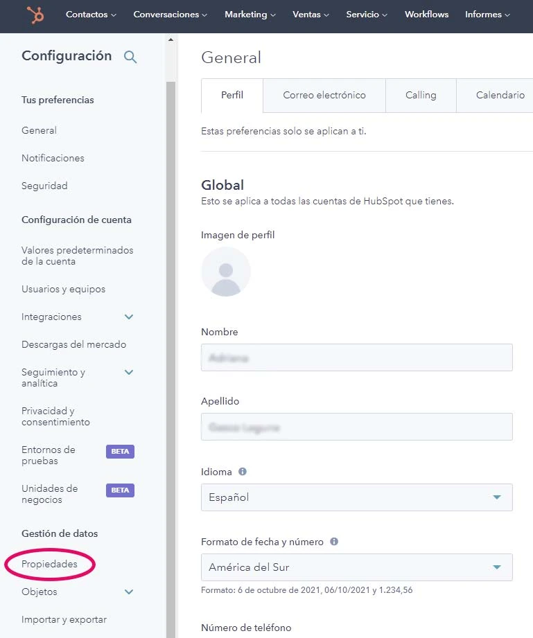 Captura de pantalla vista configuración de propiedades de lead scoring