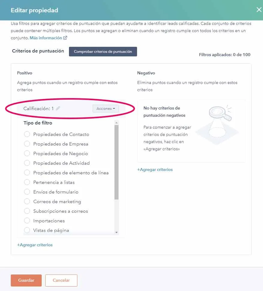 Captura de pantalla vista criterios de puntuación lead scoring en Hubspot