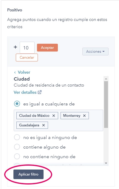 Captura de pantalla vista aplicar filtro a propiedad en HubSpot