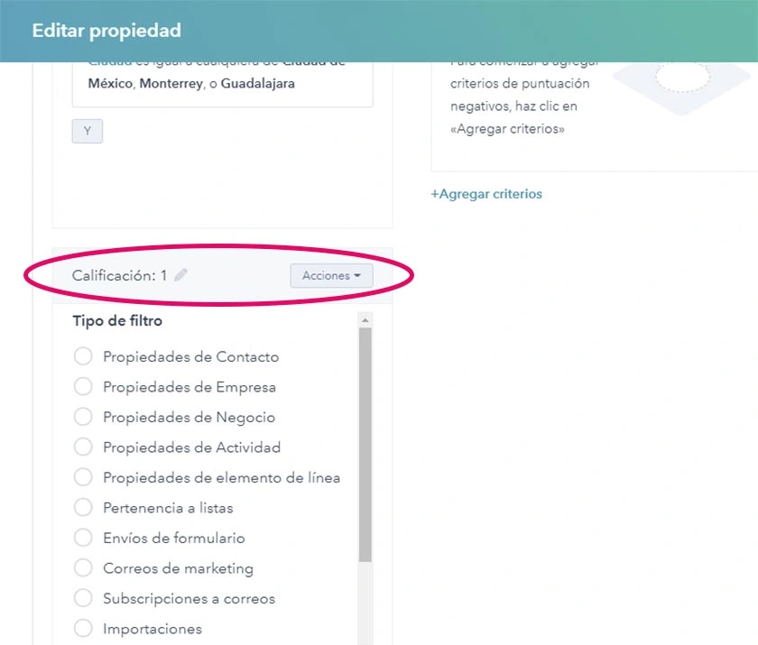 Captura de pantalla vista asignación de puntajes lead scoring en HubSpot