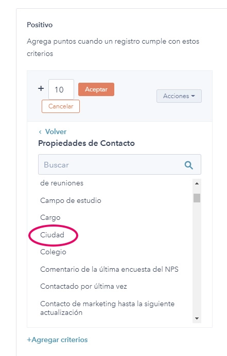 Captura de pantalla vista propiedades de contacto en hubspot