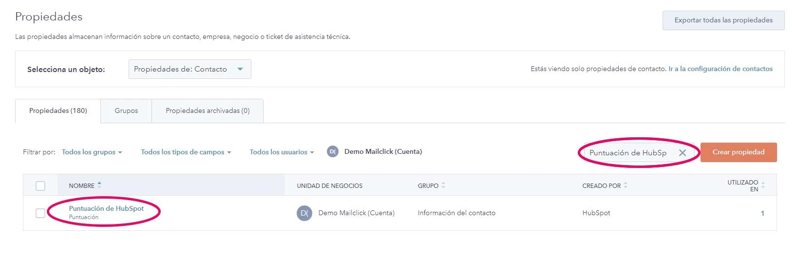 Captura de pantalla vista de propiedades de HubSpot