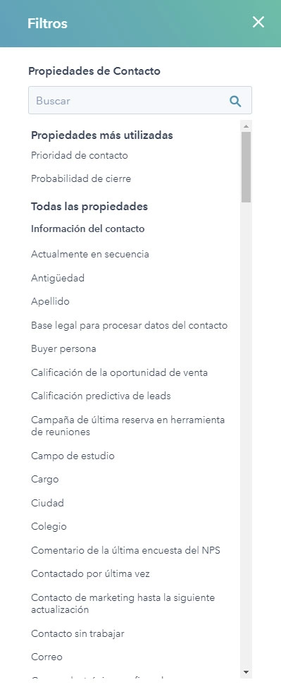Captura de pantalla filtros para vista de contactos en hubspot