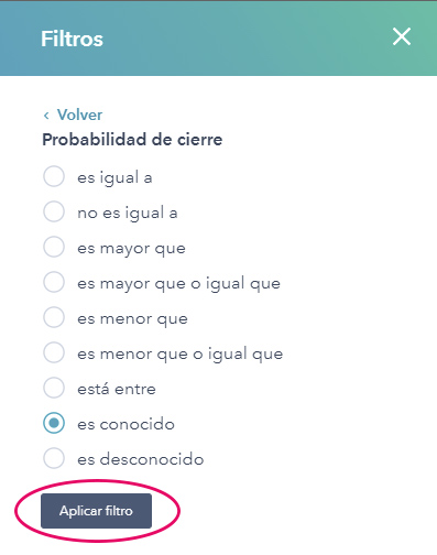 Vista de las opciones que se tienen en el filtro para las propiedades del contacto