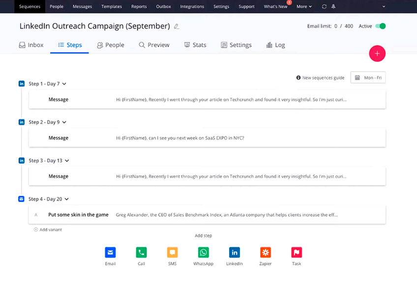 Captura de pantalla de la vista de Reply.io