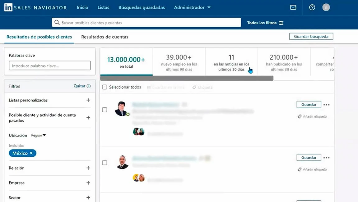 Captura de pantalla de la vista del panel de Sales Navigator 