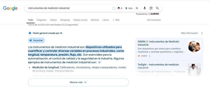 Ejemplo de búsqueda de página web de instrumentos de medición