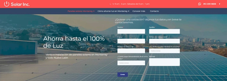 Ejemplo de inicio de página B2B: Solar Inc.