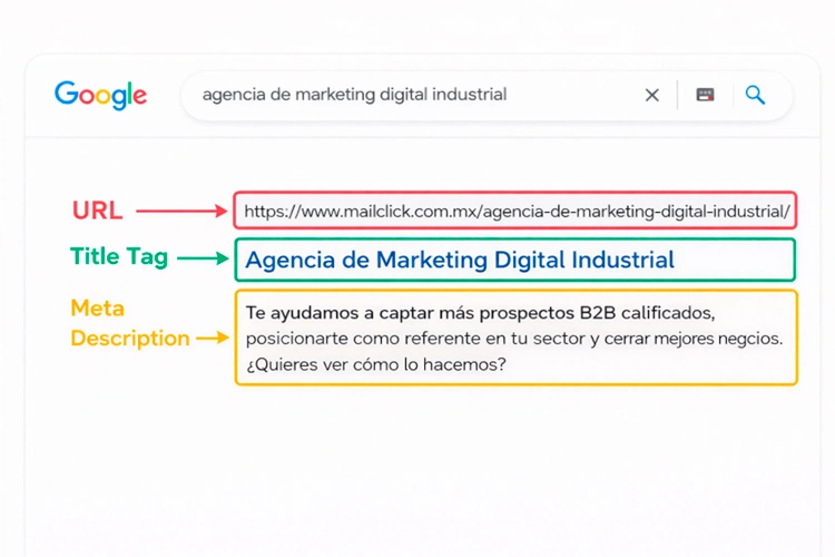 Ejemplo de title html en url, title tag y metadescripción