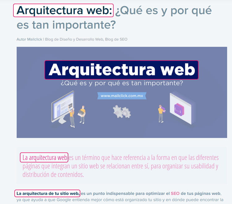 Captura de pantalla de artículo de blog donde se muestra la prominencia de palabras clave em el primer párrafo