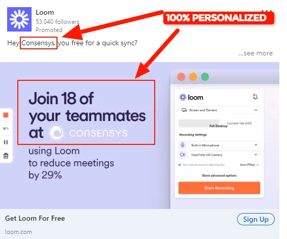 Captura de anuncio de LOOM aplicando Account-Based Marketing en Linkedln.