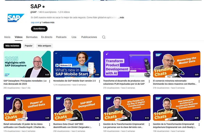 Captura de pantalla de perfil de YouTube de SAP, mostrando contenido educativo.