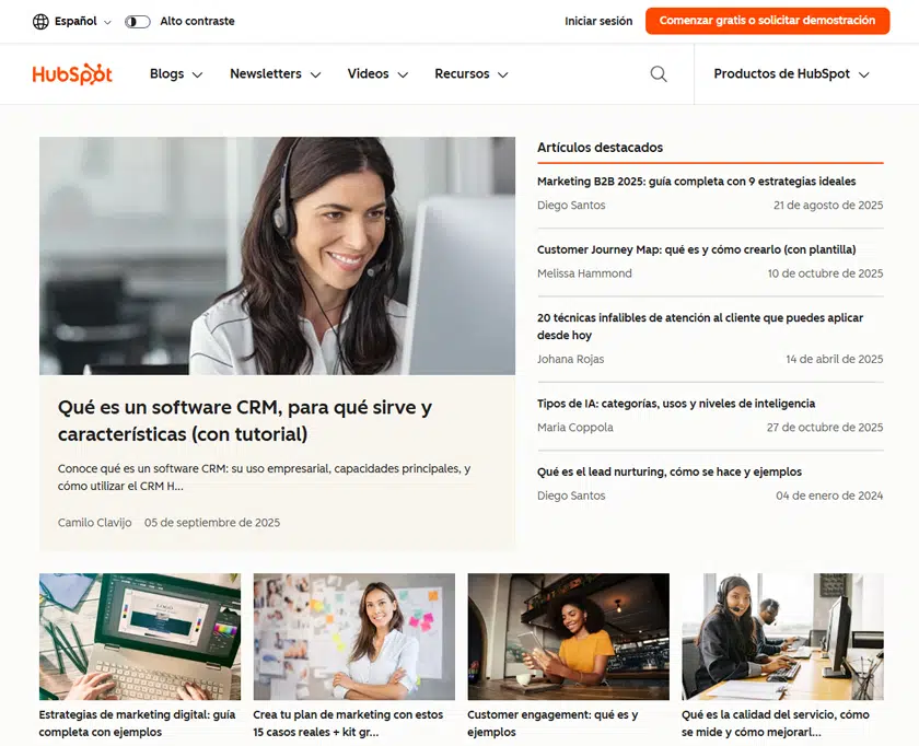Captura de pantalla del sitio web de HubSpot, mostrando sus artículos de blog.