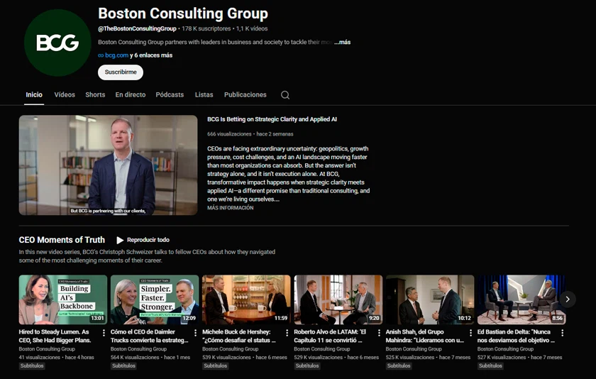 Captura de pantalla del perfil de YouTube de Boston Consulting Group.