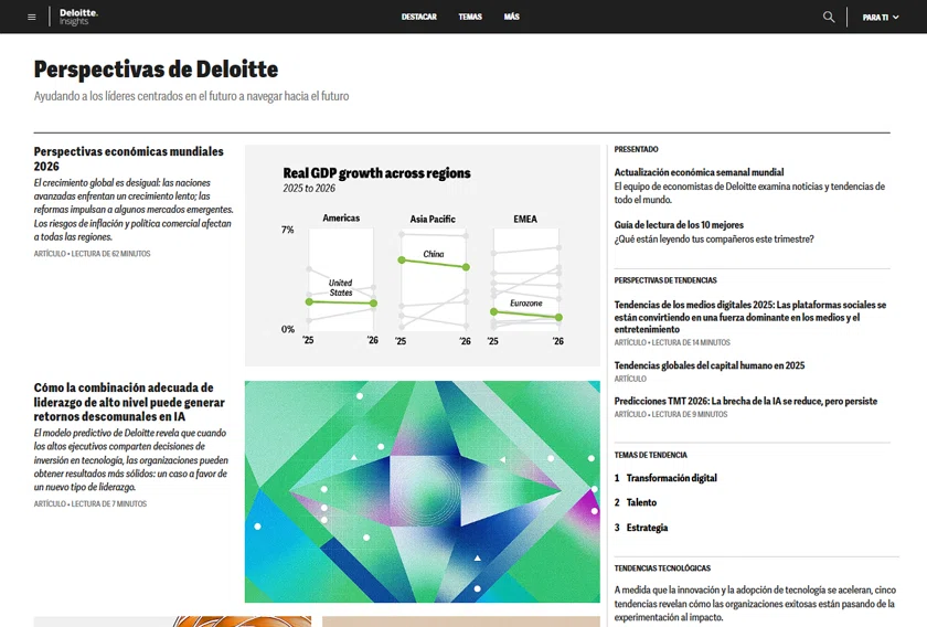 Sitio web de Deloitte mostrando el apartado de "Perspectivas de Deloitte"