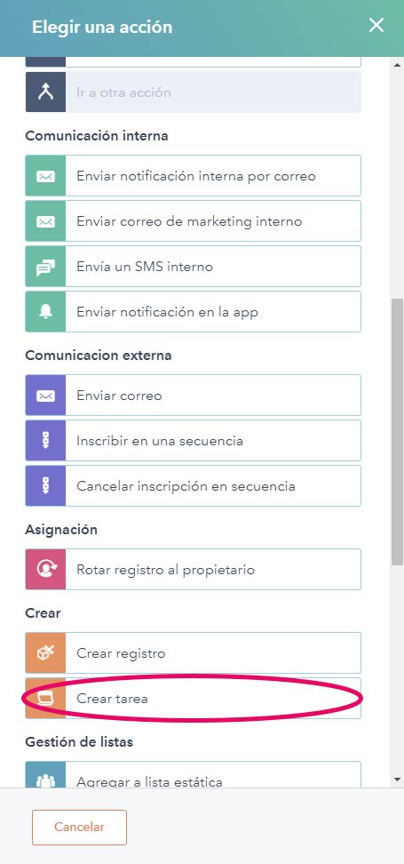 Captura de pantalla vista agregar sección a workflow en HubSpot 
