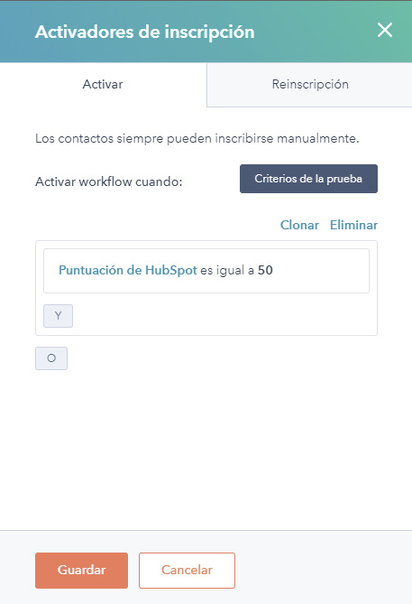 Captura de pantalla activadores de inscripción workflow en HubSpot