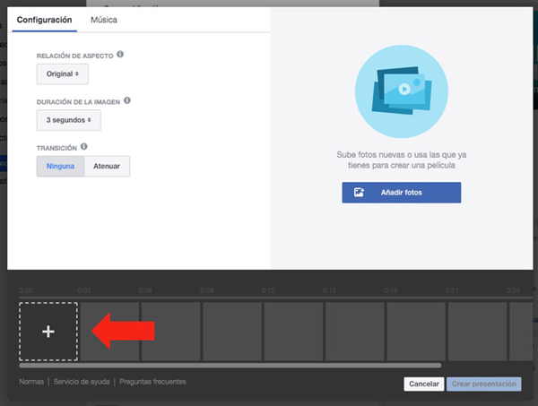 Captura de pantalla de flecha señalando la opción de agregar imágenes a la presentación de Facebook