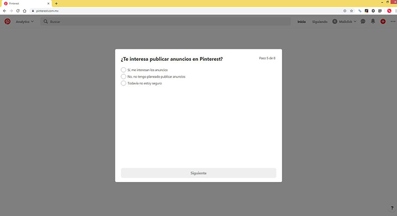 Captura de pantalla del quinto paso para una cuenta empresarial: ¿te interesa publicar anuncios en Pinterest?