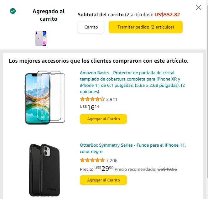 Captura de ejemplo de cross selling en Amazon