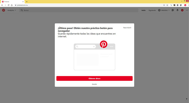 Captura de pantalla del botón para obtener el botón del navegador en Pinterest