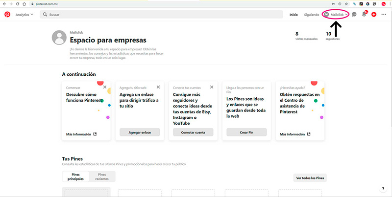 Captura de pantalla de la página de inicio en un perfil empresarial señalando la sección para entrar al perfil de la cuenta
