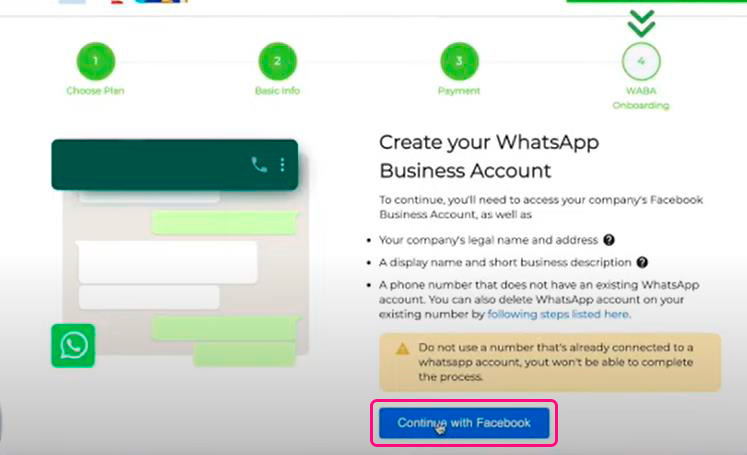 Vista para crear una cuenta de WhatsApp Business