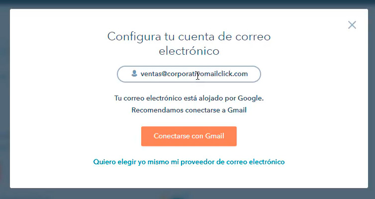 Vista para configurar cuenta de correo electrónico con Gmail en Hubspot