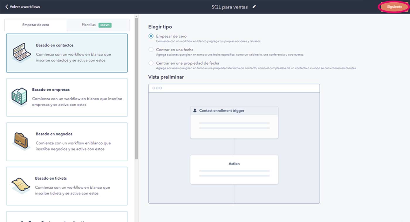 Captura de pantalla vista HubsPot crear workflow