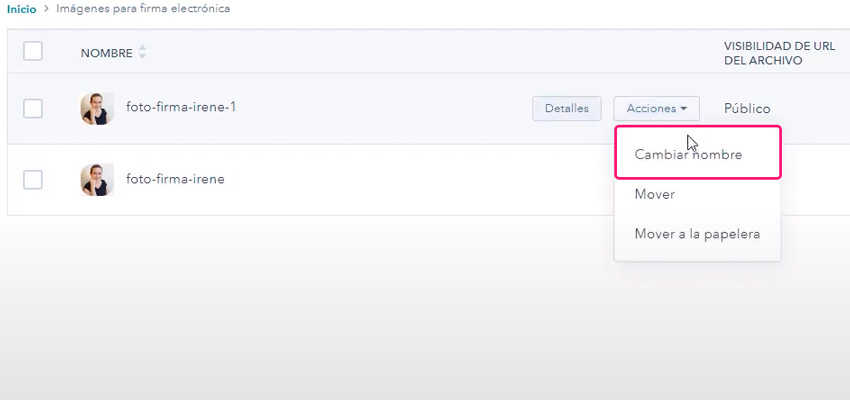 Captura de pantalla de la opción de cambiar nombre de archivo en hubspot
