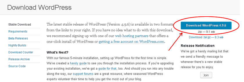 Página para descargar la versión más reciente de WordPress