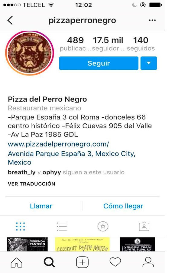 Imagen que muestra el ejemplo de la pizzería Pizza del Perro Negro de cómo hacer una bio en Instagram para empresas