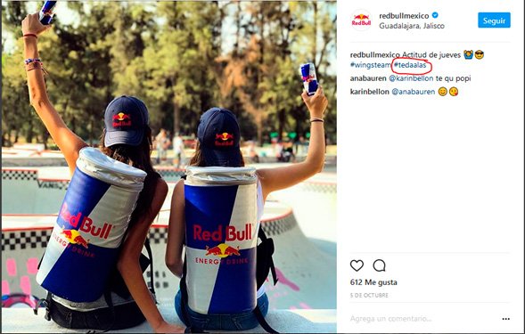 Analogía que muestra cómo Red Bull hace uso de su propio hashtag en sus publicaciones