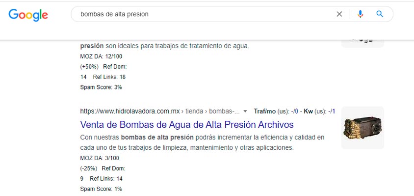 Captura de pantalla resultado de búsqueda en Google bombas de alta presión