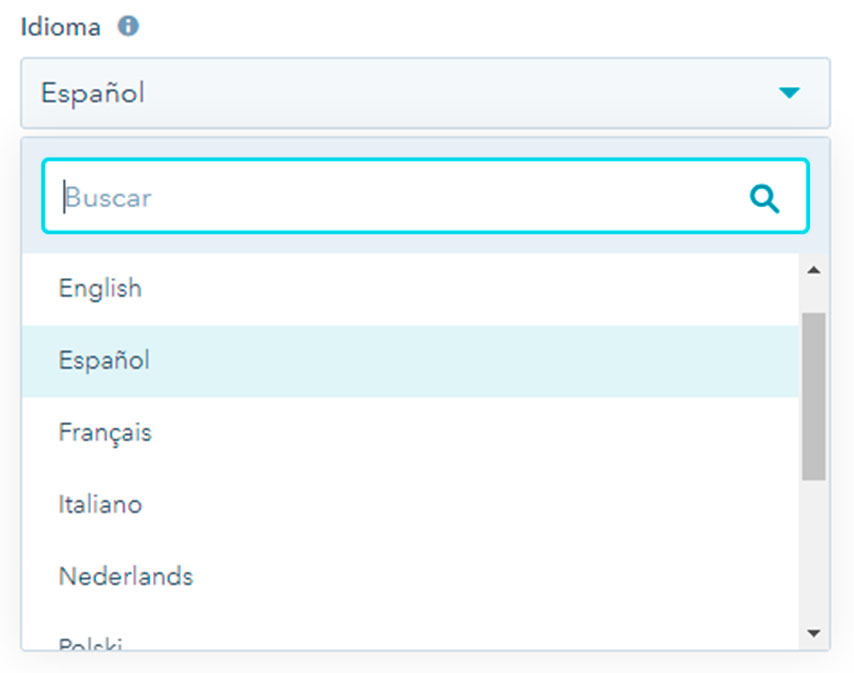 Vista de la opción de seleccionar el idioma para tu perfil en HubSpot