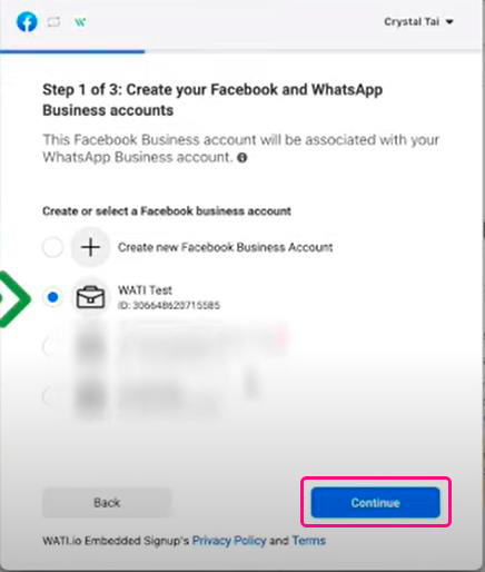 Elige la cuenta de tu negocio a la que vas a ligar el whatsapp