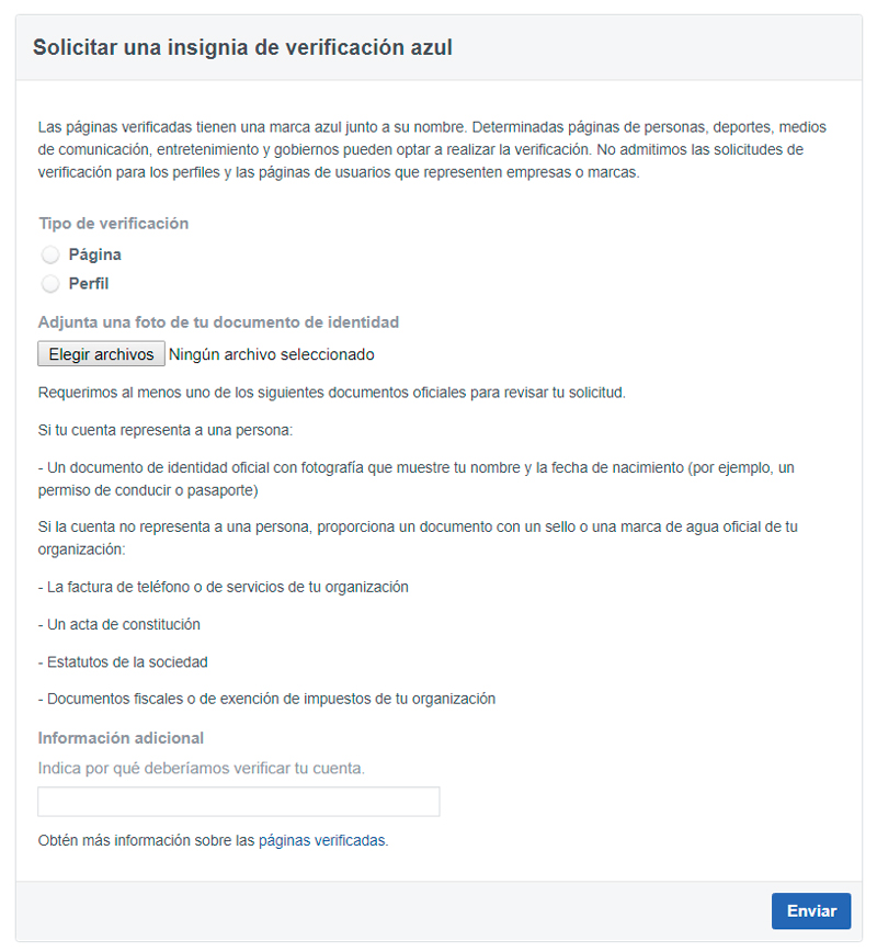 Captura de pantalla de formulario para verificar una cuenta de facebook