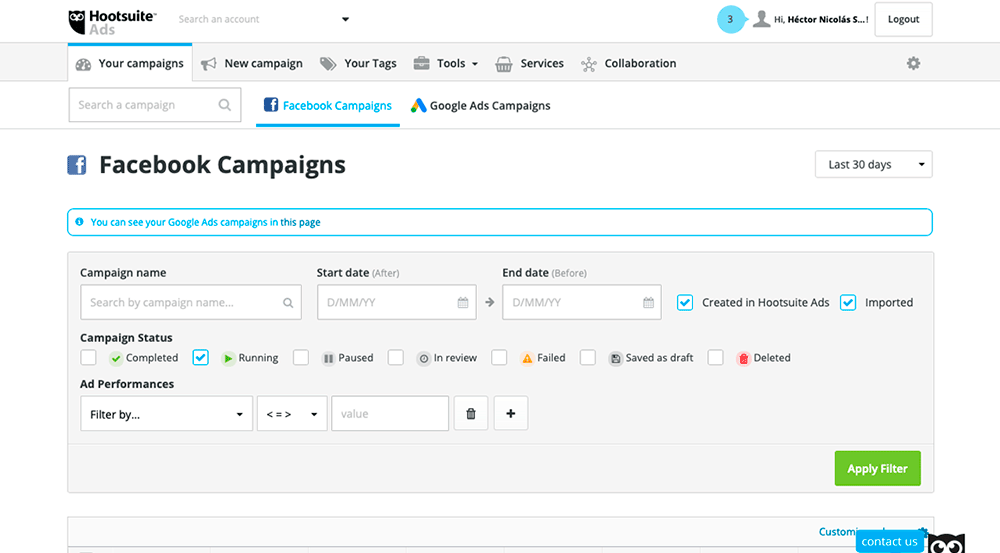Captura de pantalla Hootsuite vista de campañas