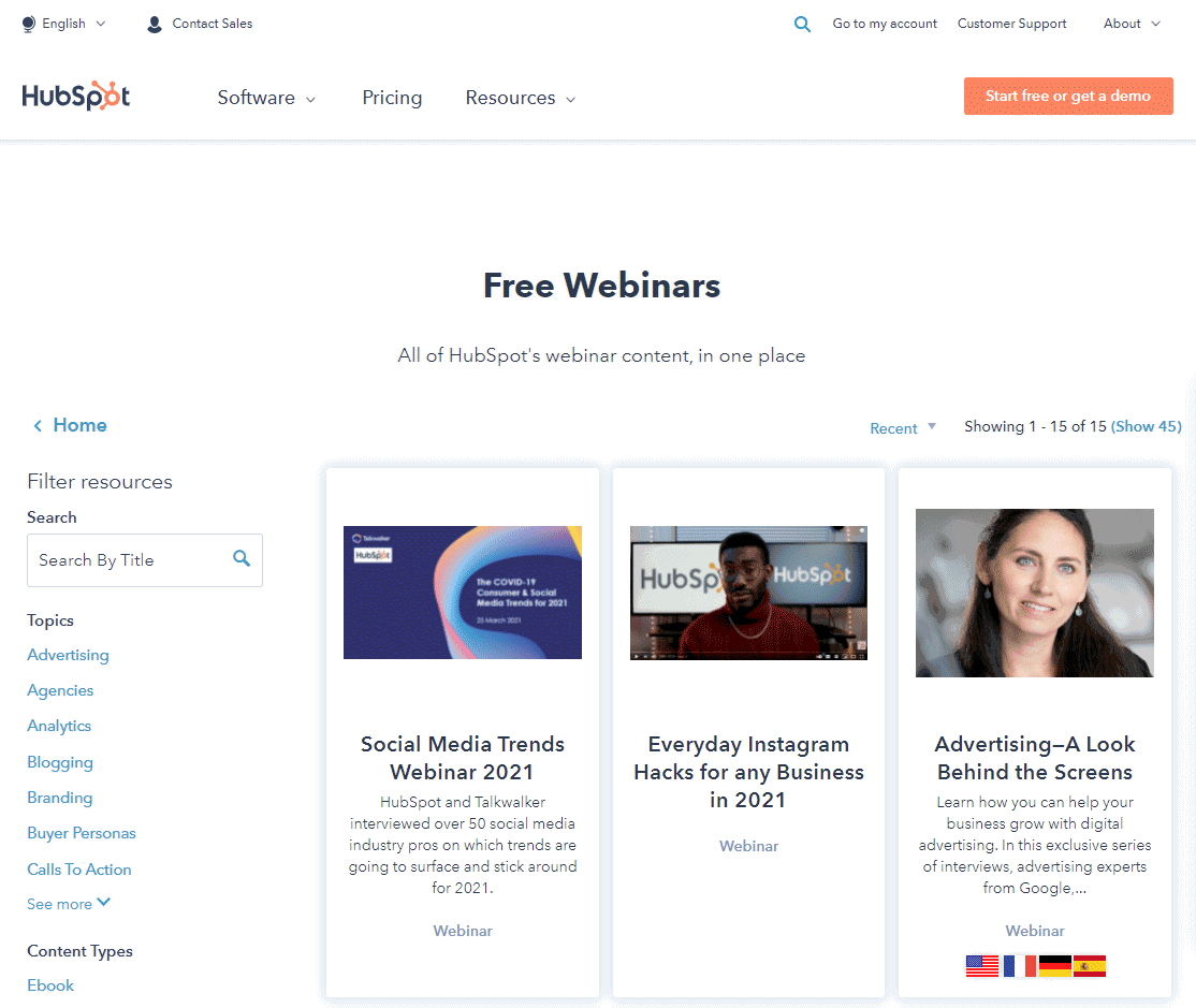 Captura de pantalla Hubspot Academy webinars