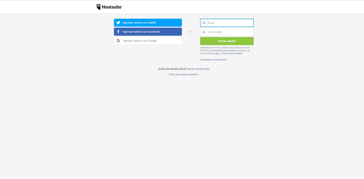 Captura de pantalla de opciones para iniciar sesión en Hootsuite