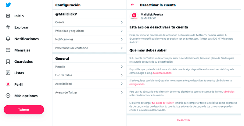 Captura de pantalla del menú desactivar la cuenta con información que deberías conocer antes de eliminar tu cuenta de Twitter