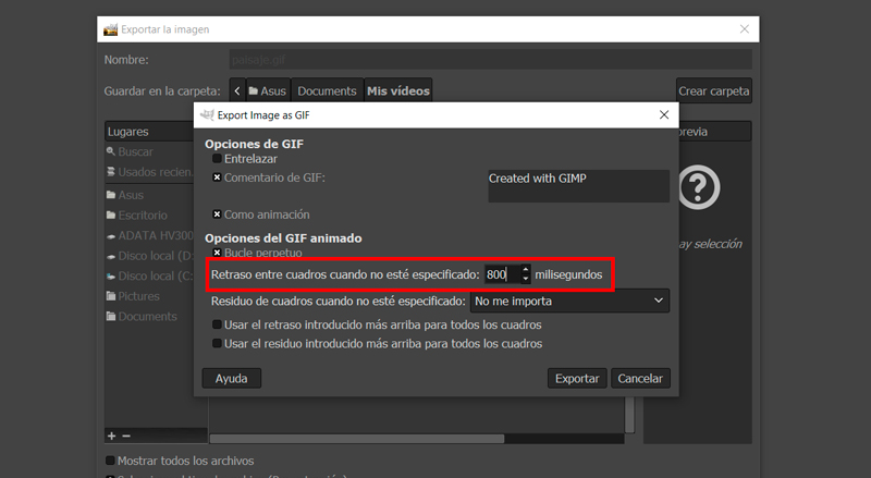 Captura de pantalla de los ajustes de exportación del gif