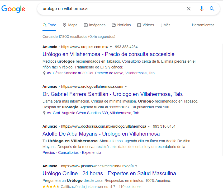 Vista de anuncios en Google como resultado de búsqueda