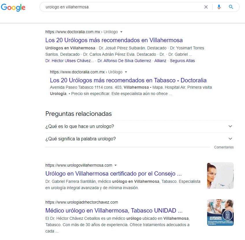 Vista de los resultados de búsqueda en Google, resultados orgánicos